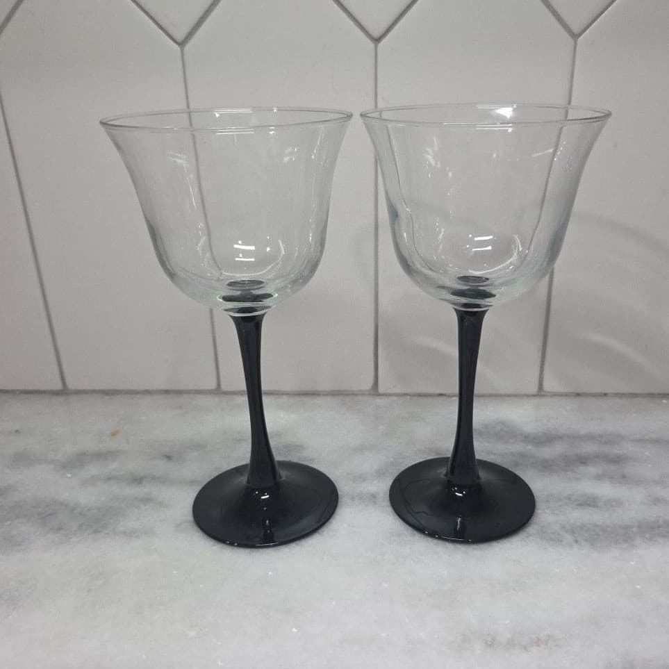 Luminarc Black Stemmed Tulip Wine Glasses, Set of 2, Vtg Domino Design, Stemware - Thumbnail 5