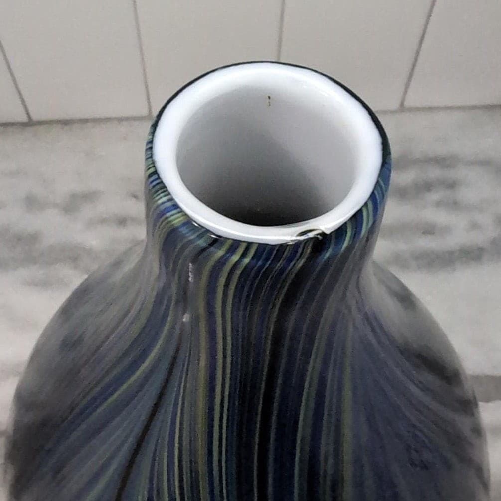 Pucci Blue Multicolor Swirl Design Vase, Vtg Cased Glass, Hand Blown Centerpiece - Thumbnail 5