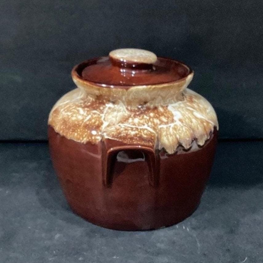 Brown Drip Glaze Bean Pot, Vintage Stoneware Crock, Farmhouse Kitchen Accent - Thumbnail 10