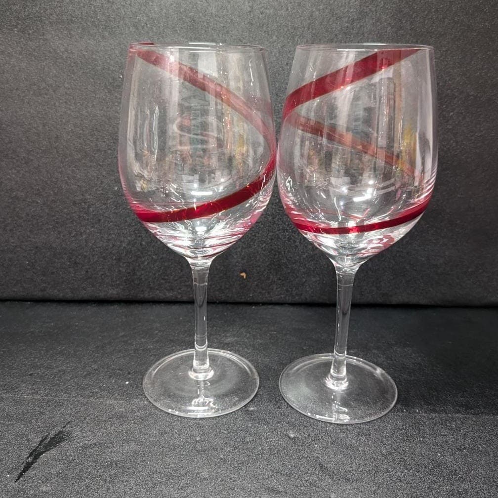 Pier 1 Red Swirline Wine Glasses, Set Of 2, Vintage Clear Stemware, Replacement - Thumbnail 2