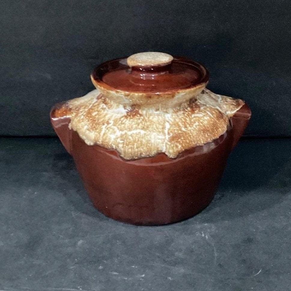 Brown Drip Glaze Bean Pot, Vintage Stoneware Crock, Farmhouse Kitchen Accent - Thumbnail 11