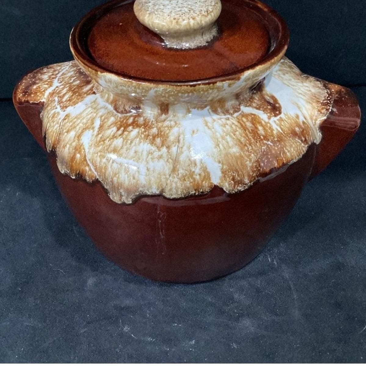 Brown Drip Glaze Bean Pot, Vintage Stoneware Crock, Farmhouse Kitchen Accent - Thumbnail 6