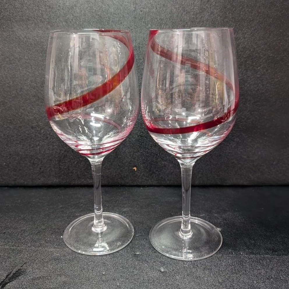 Pier 1 Red Swirline Wine Glasses, Set Of 2, Vintage Clear Stemware, Replacement - Thumbnail 3