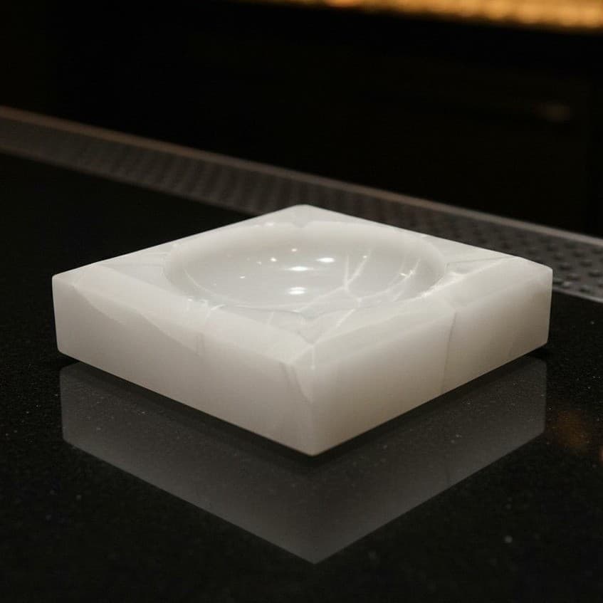 White Onyx Ashtray, Natural Stone Carved Dish, Mid Century Home Accent, Smoking