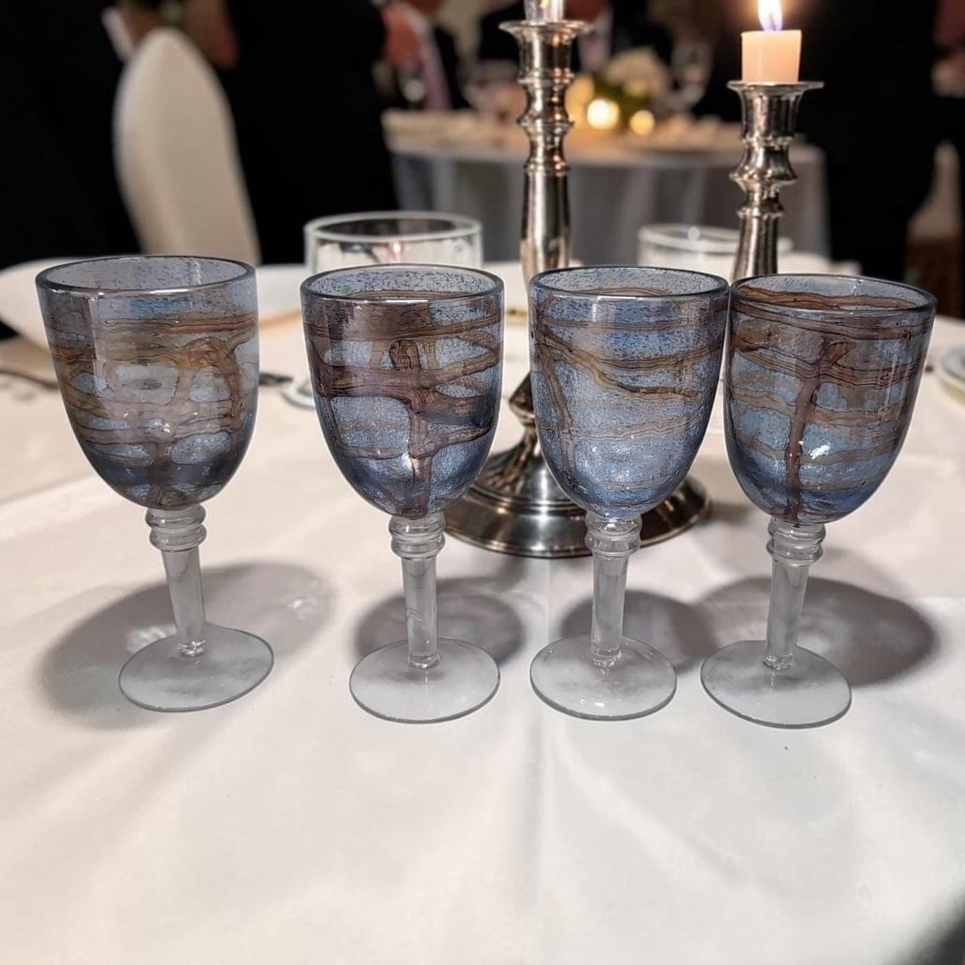 Recycled Blue Brown Swirl Design Goblets, Set of 4, Vintage Stemware, Art Glass