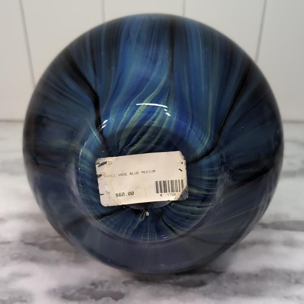 Pucci Blue Multicolor Swirl Design Vase, Vtg Cased Glass, Hand Blown Centerpiece - Thumbnail 7