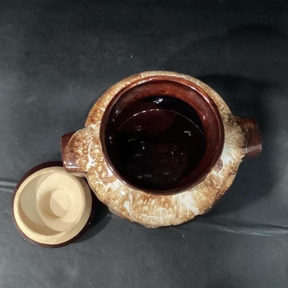 Brown Drip Glaze Bean Pot, Vintage Stoneware Crock, Farmhouse Kitchen Accent - Thumbnail 8