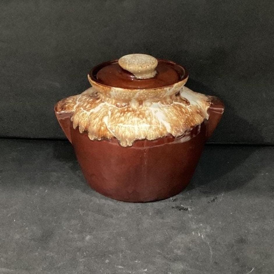 Brown Drip Glaze Bean Pot, Vintage Stoneware Crock, Farmhouse Kitchen Accent - Thumbnail 9
