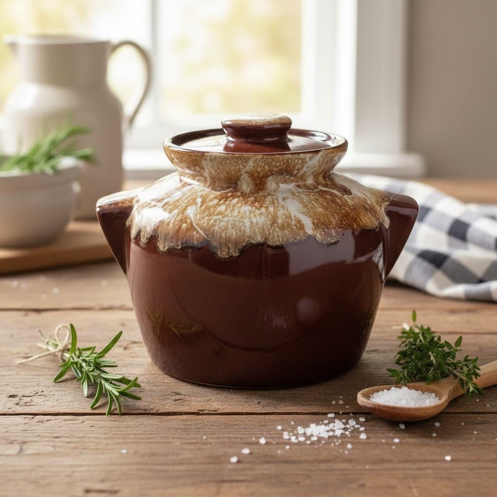 Brown Drip Glaze Bean Pot, Vintage Stoneware Crock, Farmhouse Kitchen Accent