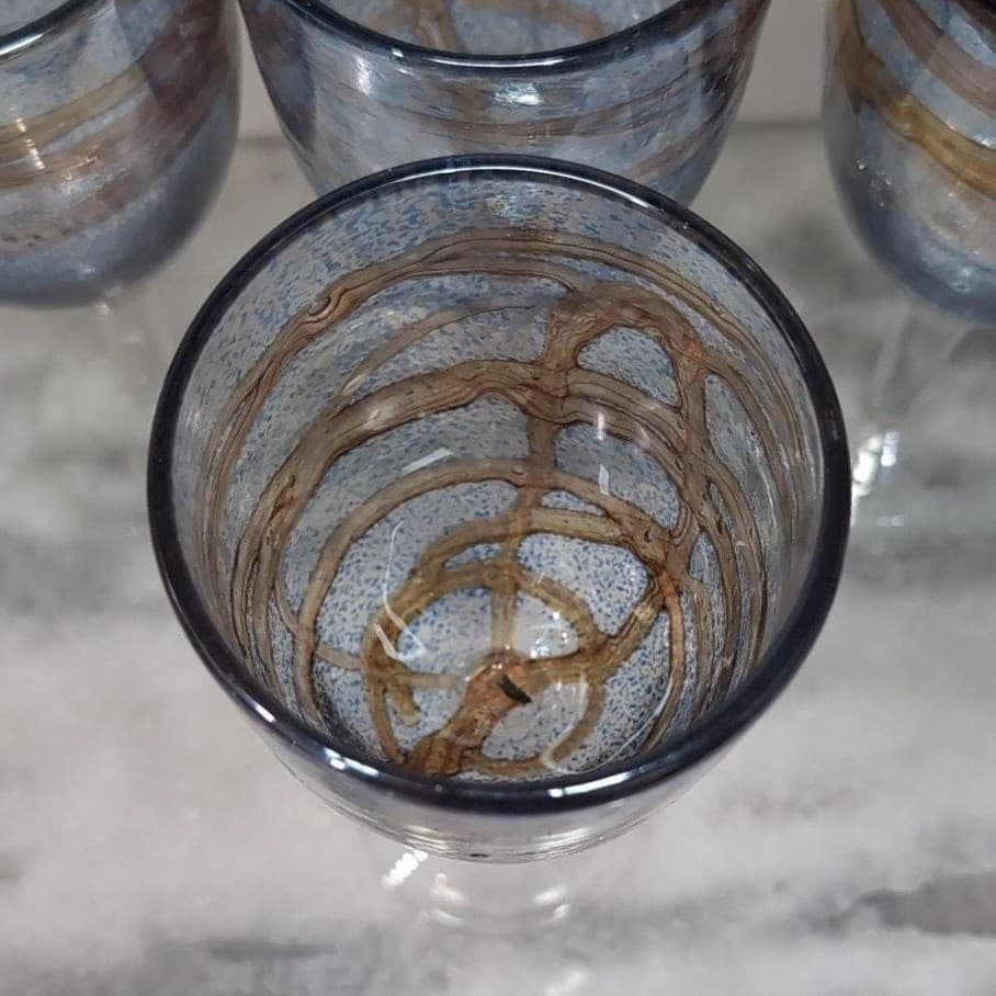 Recycled Blue Brown Swirl Design Goblets, Set of 4, Vintage Stemware, Art Glass - Thumbnail 7