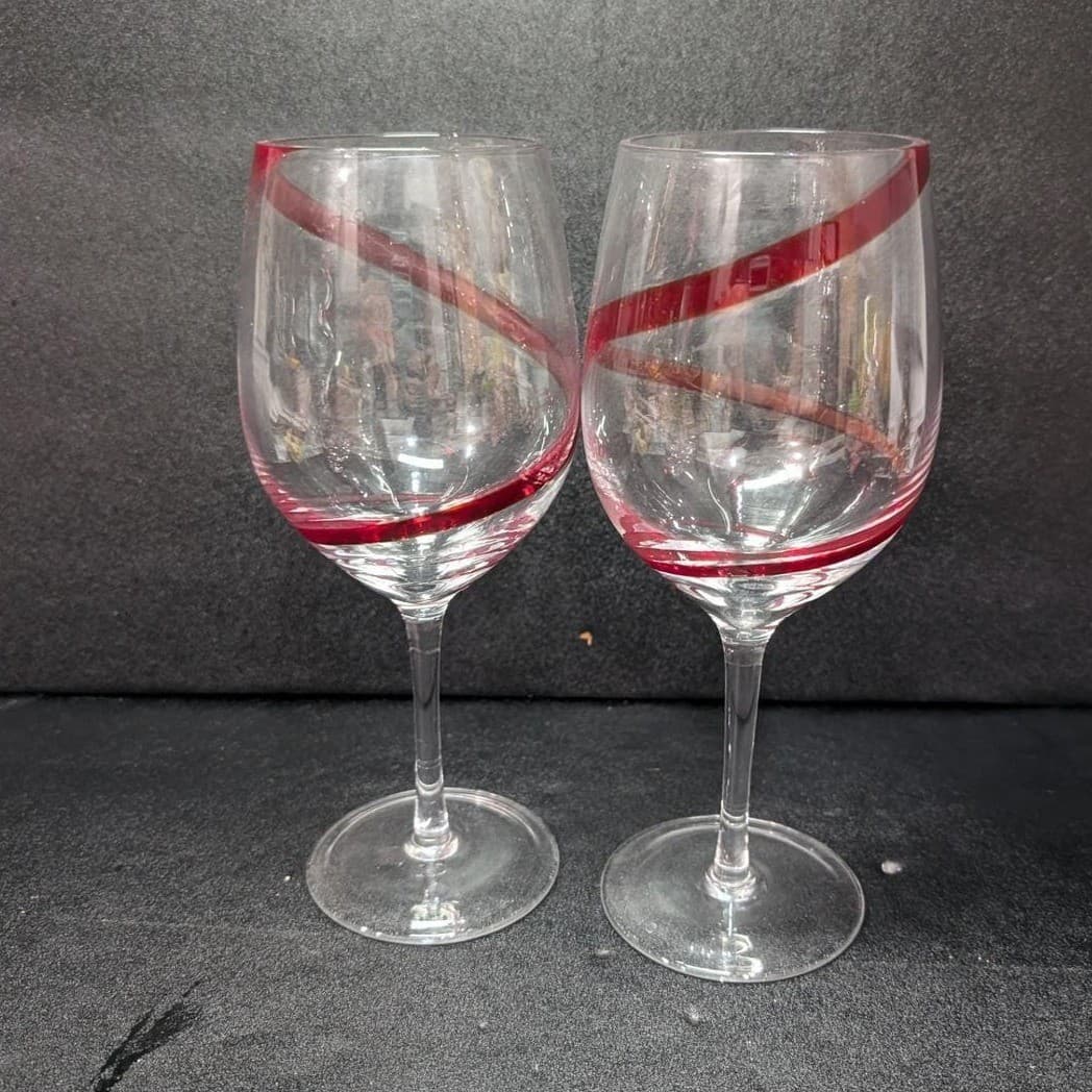 Pier 1 Red Swirline Wine Glasses, Set Of 2, Vintage Clear Stemware, Replacement - Thumbnail 4