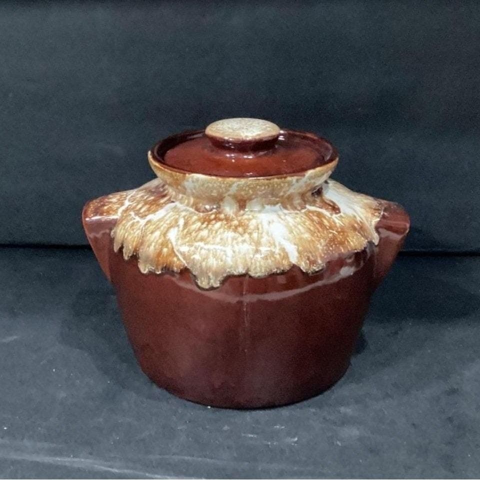 Brown Drip Glaze Bean Pot, Vintage Stoneware Crock, Farmhouse Kitchen Accent - Thumbnail 2