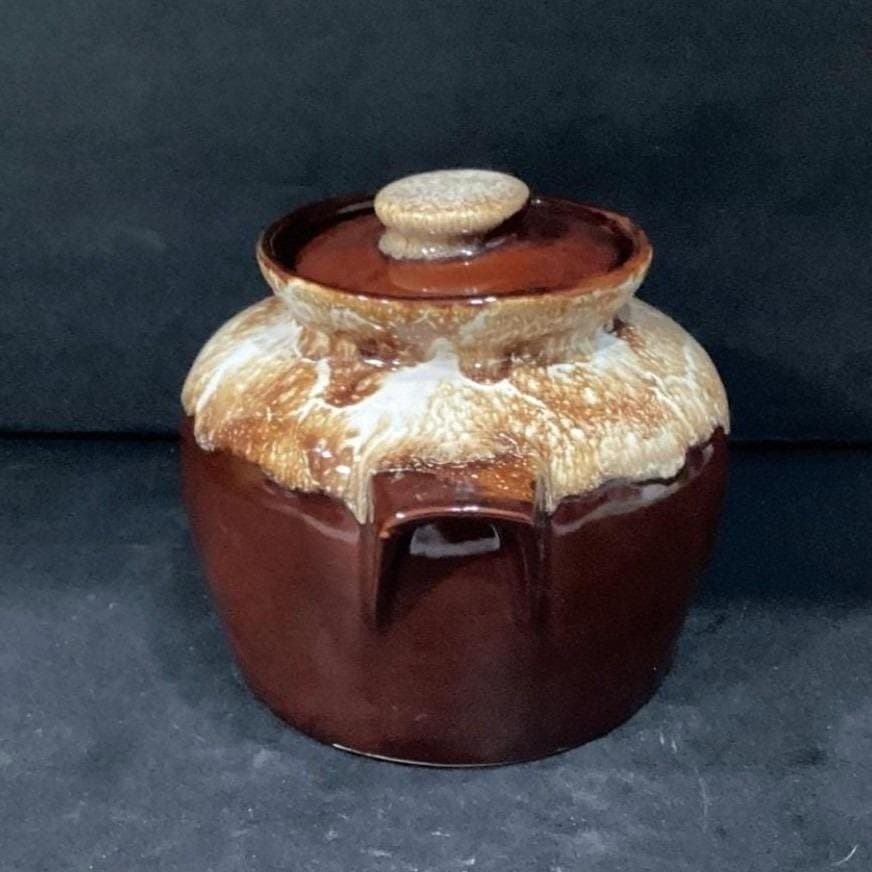 Brown Drip Glaze Bean Pot, Vintage Stoneware Crock, Farmhouse Kitchen Accent - Thumbnail 12