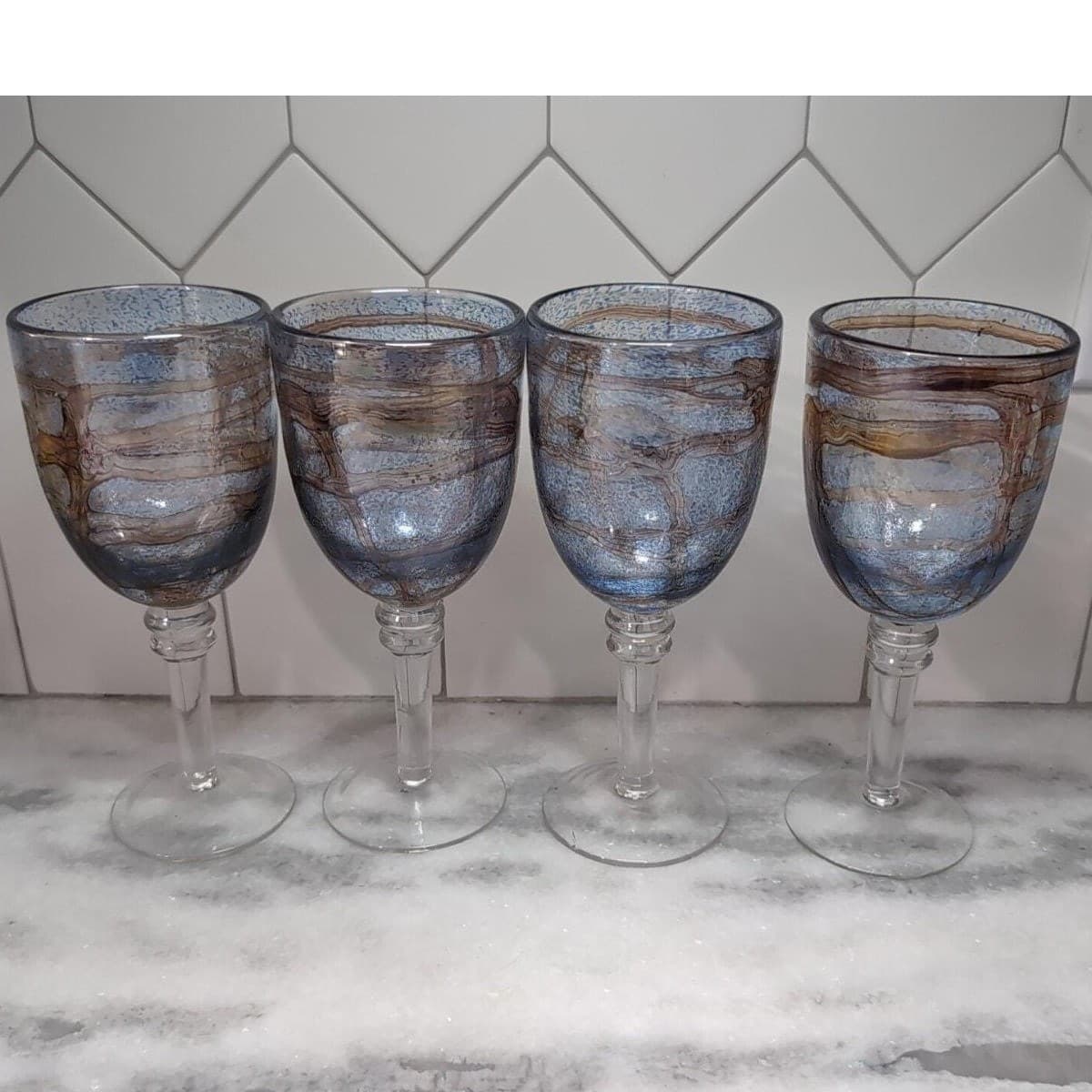 Recycled Blue Brown Swirl Design Goblets, Set of 4, Vintage Stemware, Art Glass - Thumbnail 5