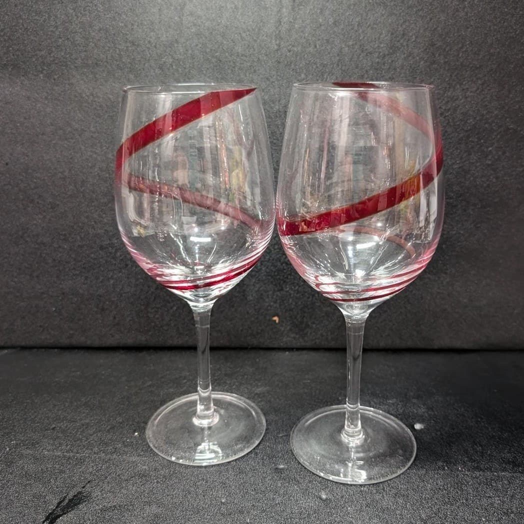 Pier 1 Red Swirline Wine Glasses, Set Of 2, Vintage Clear Stemware, Replacement - Thumbnail 5