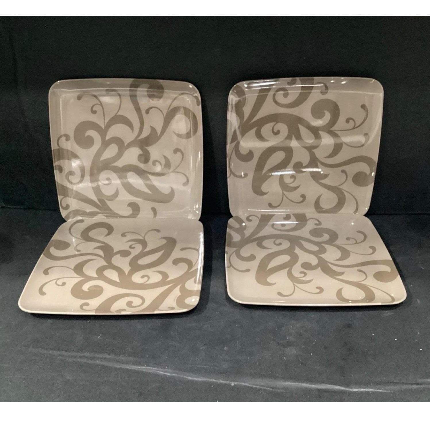 Zak! Designs Brown Square Melamine Salad Plates, Set of 4, Scroll Pattern - Thumbnail 2