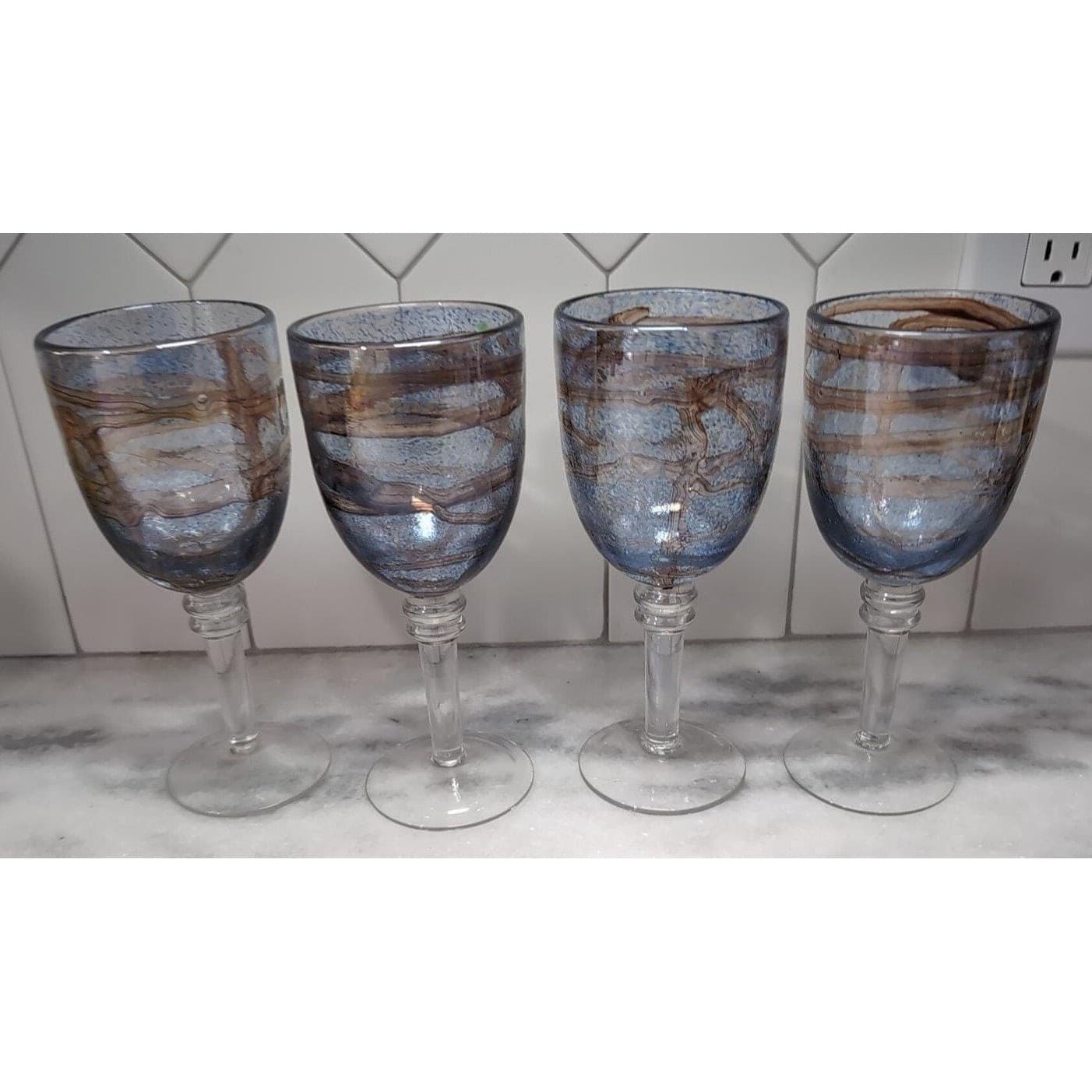 Recycled Blue Brown Swirl Design Goblets, Set of 4, Vintage Stemware, Art Glass - Thumbnail 3