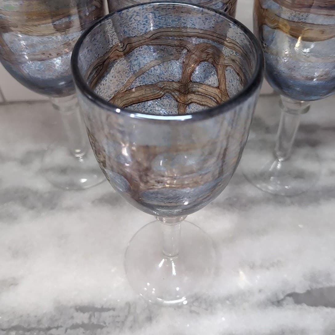 Recycled Blue Brown Swirl Design Goblets, Set of 4, Vintage Stemware, Art Glass - Thumbnail 6