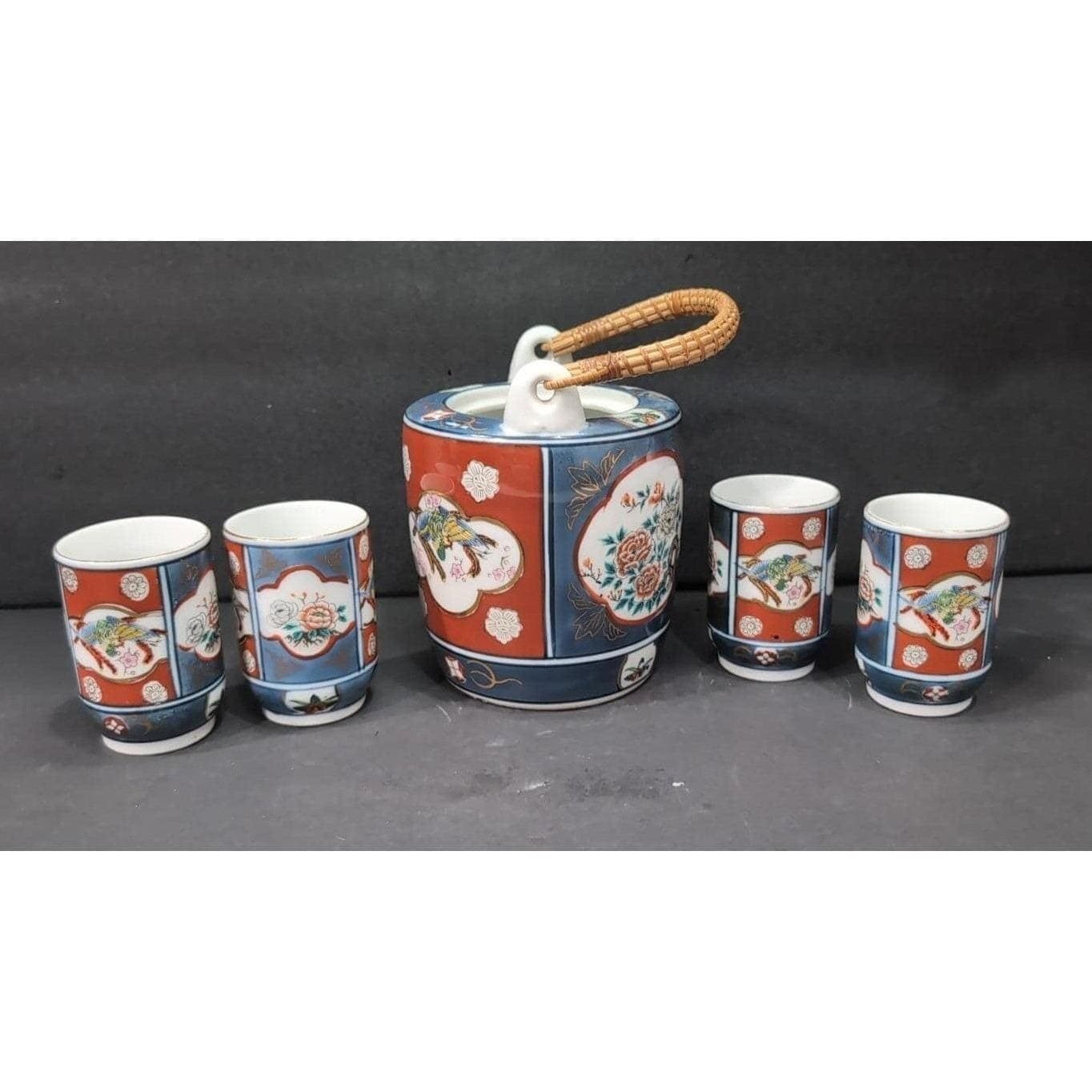 Old Gorgeous Imari Japan Teapot and Four Teacups, No Lid, Vintage Pottery Set - Thumbnail 9