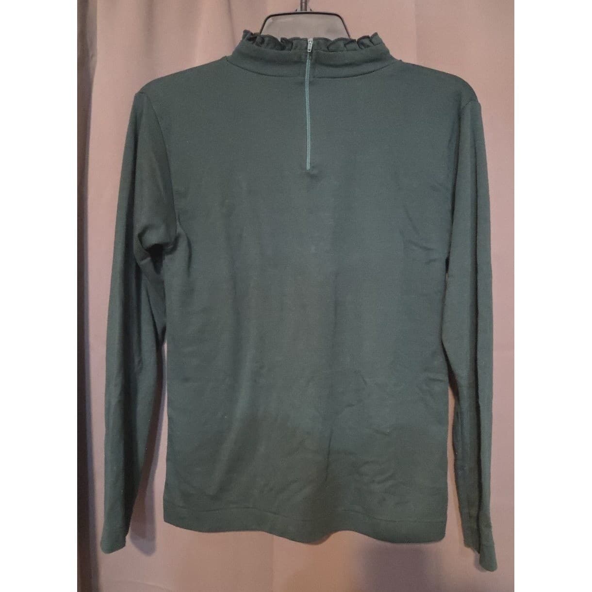 Classic New England Hunter Green Ruffle Mock Neck, Woman's Small Long Sleeve Top - Thumbnail 4