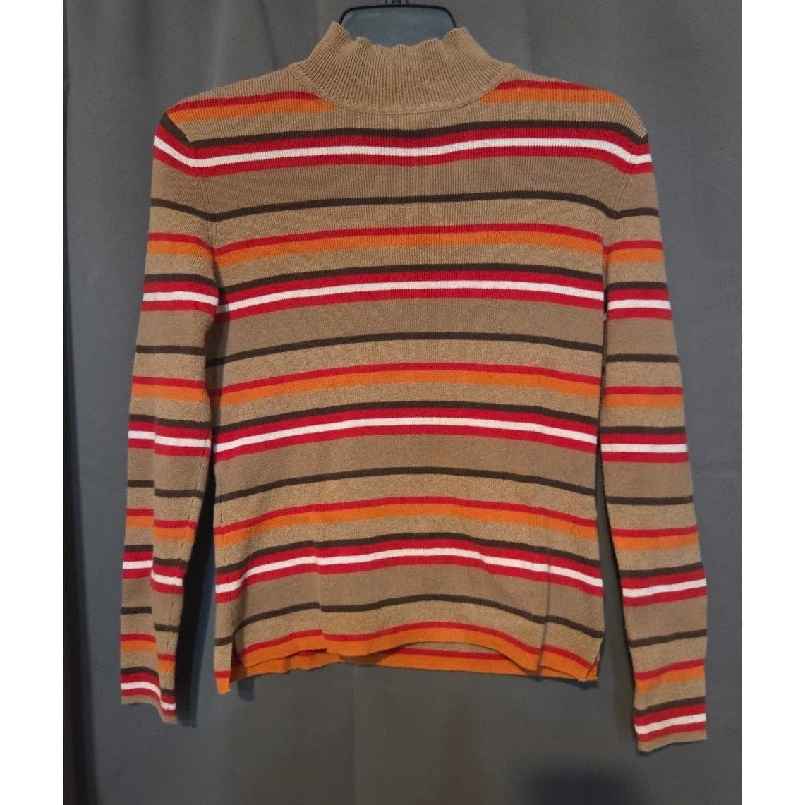 Andrea Viccaro Tan Orange Striped Mock Neck Ribbed Sweater, Woman's Small - Thumbnail 3