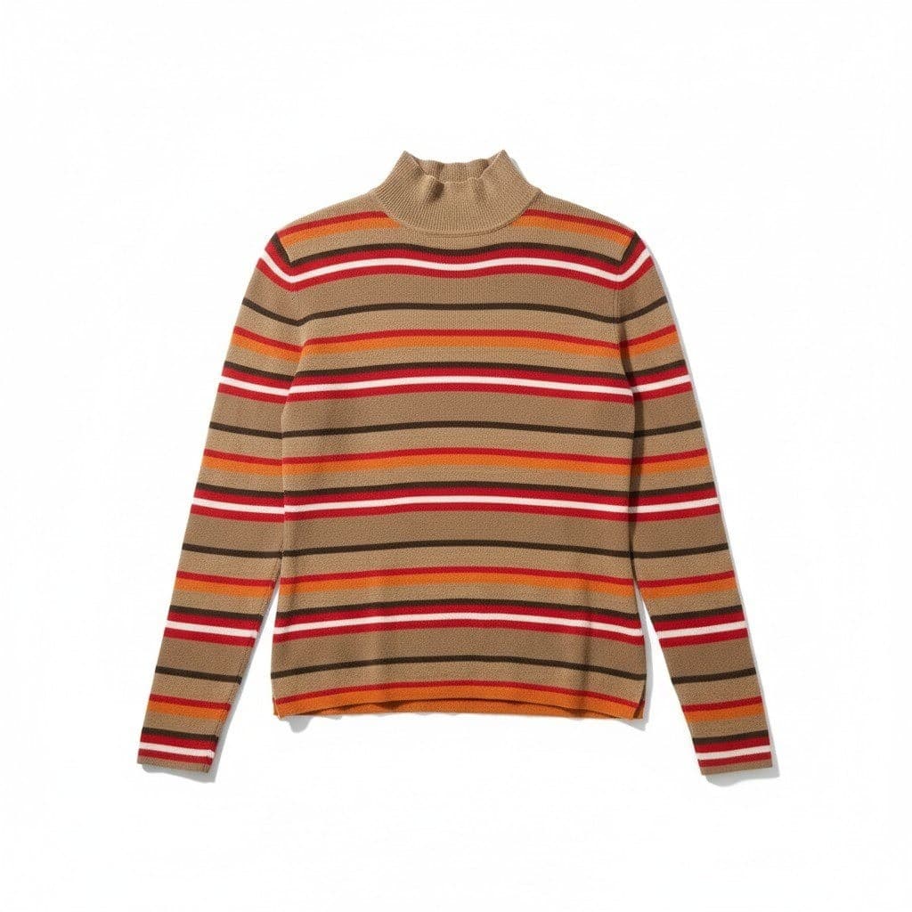 Andrea Viccaro Tan Orange Striped Mock Neck Ribbed Sweater, Woman's Small
