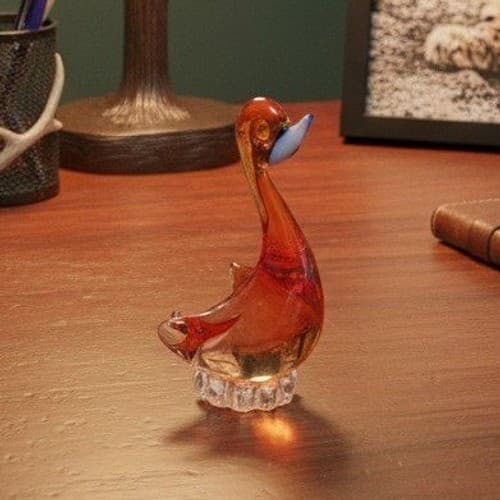 Hand Blown Glass Art Orange Swan, Vintage Pedestal Goose Sculpture, Paperweight