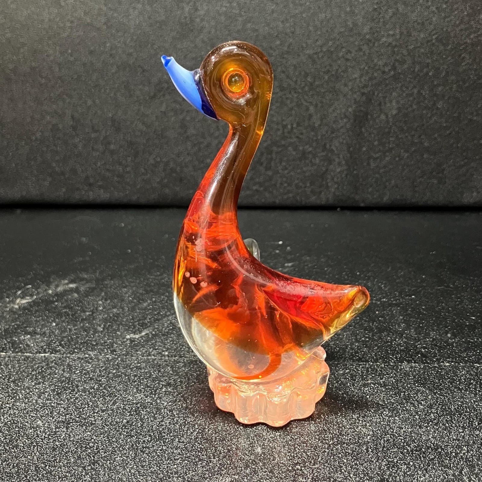 Hand Blown Glass Art Orange Swan, Vintage Pedestal Goose Sculpture, Paperweight - Thumbnail 4