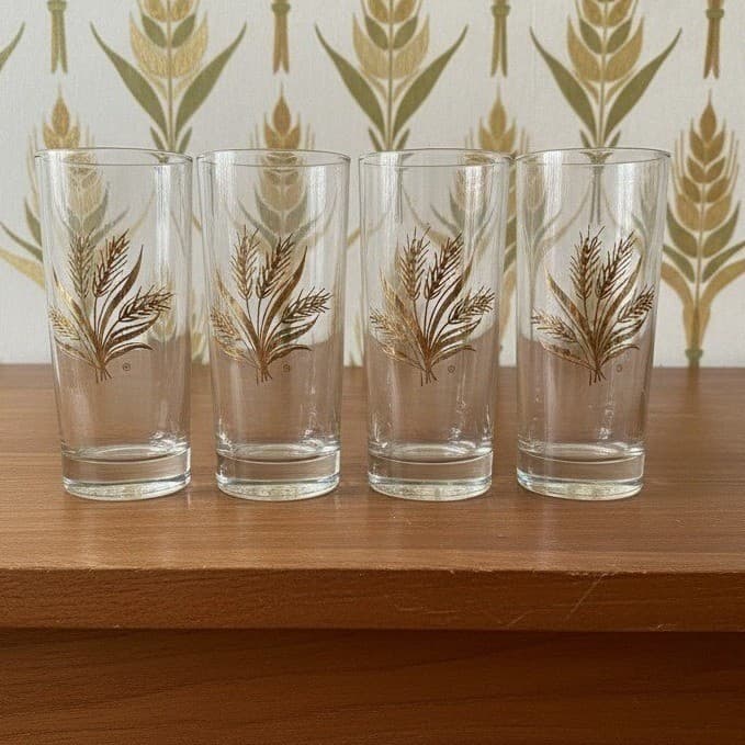 Golden Wheat Highball Tumblers, Set of 4, Mid-Century Modern Glasses, Drinkware