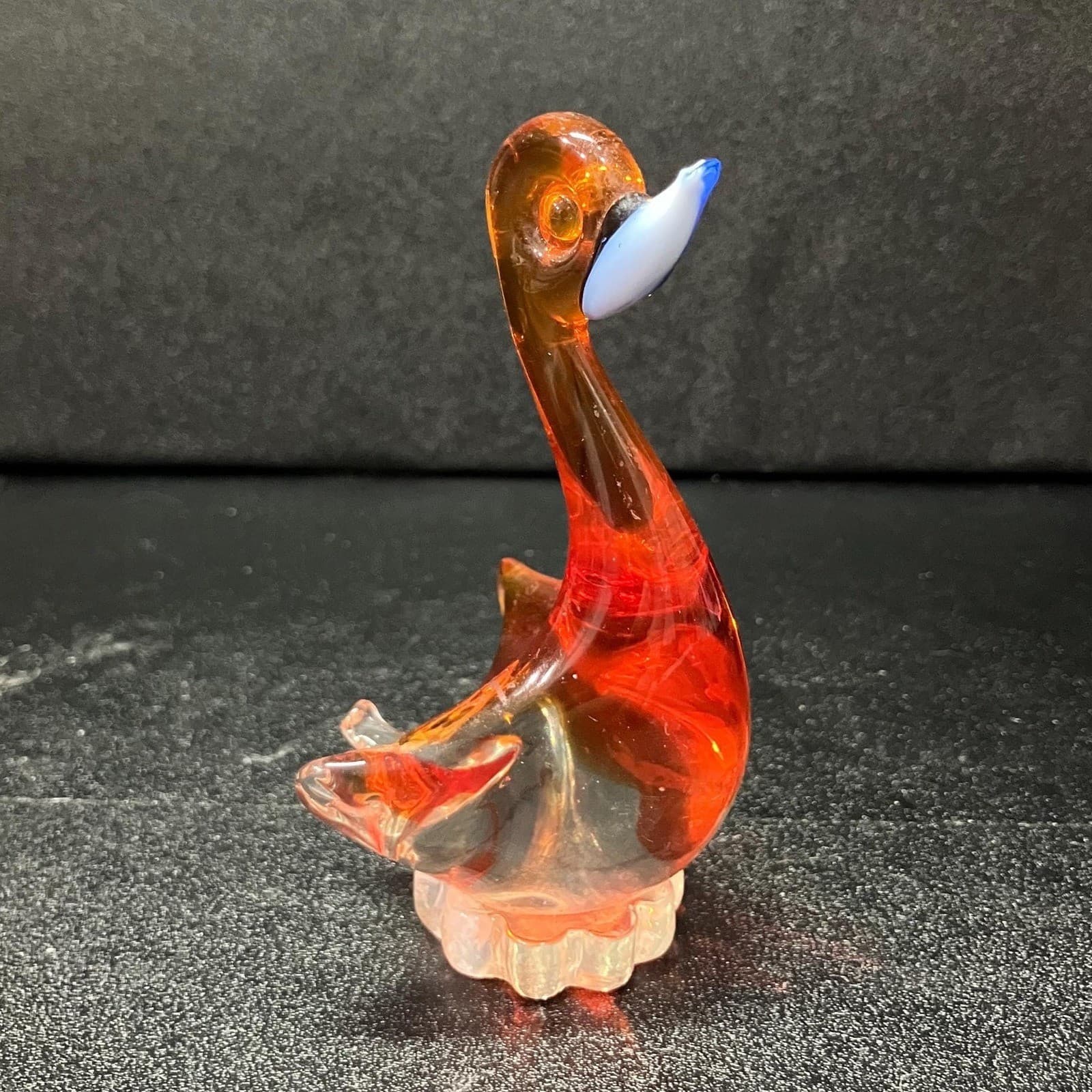 Hand Blown Glass Art Orange Swan, Vintage Pedestal Goose Sculpture, Paperweight - Thumbnail 2