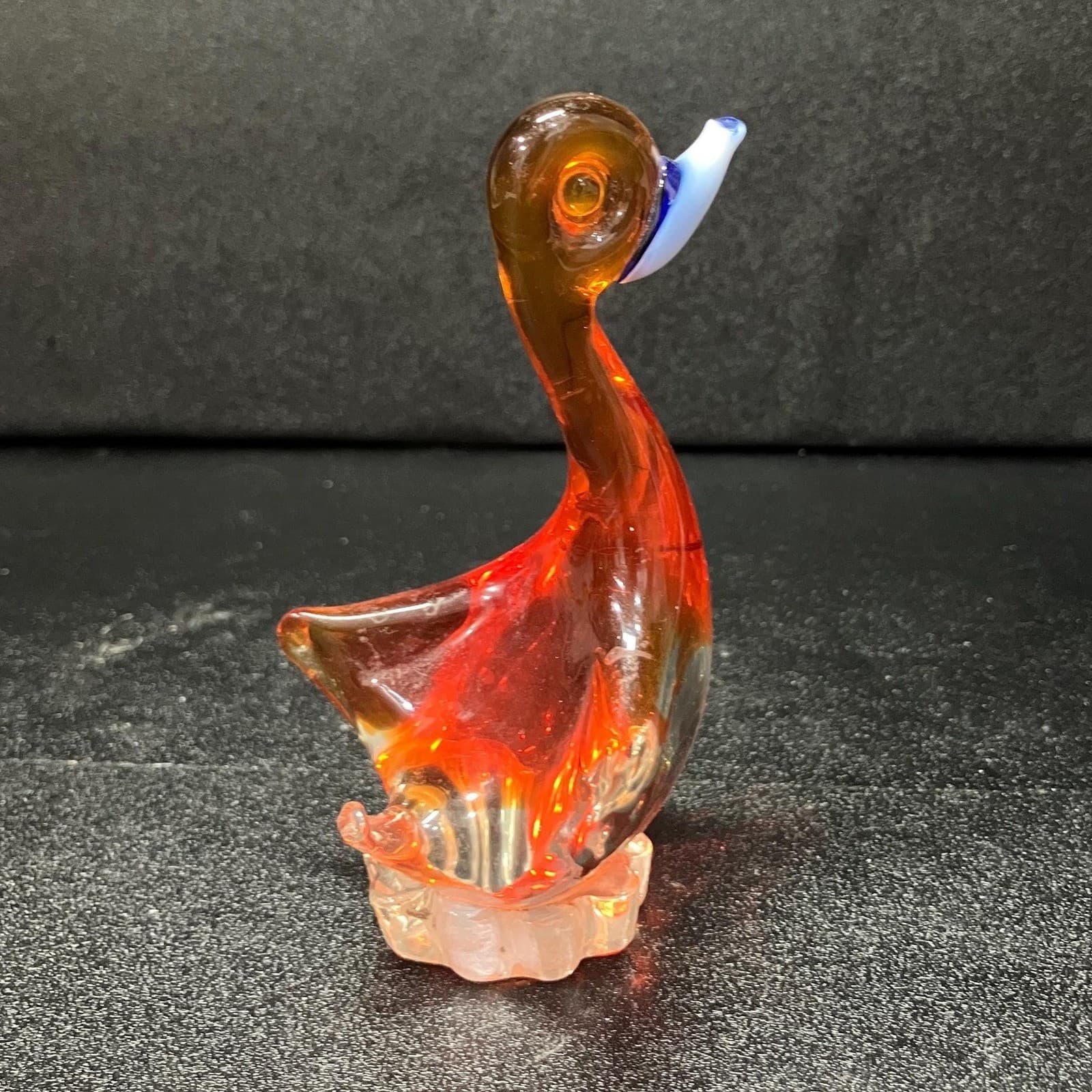 Hand Blown Glass Art Orange Swan, Vintage Pedestal Goose Sculpture, Paperweight - Thumbnail 3