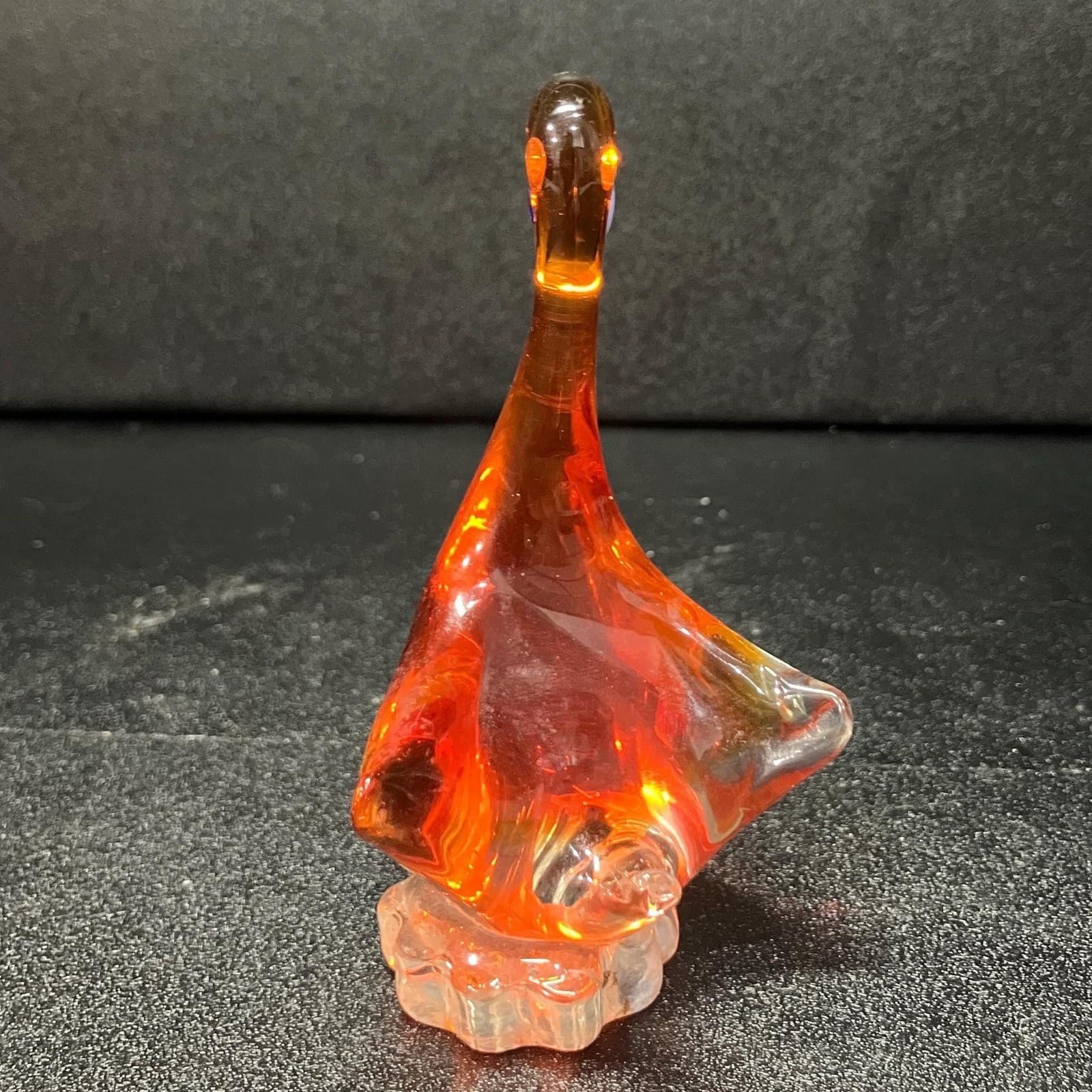 Hand Blown Glass Art Orange Swan, Vintage Pedestal Goose Sculpture, Paperweight - Thumbnail 5