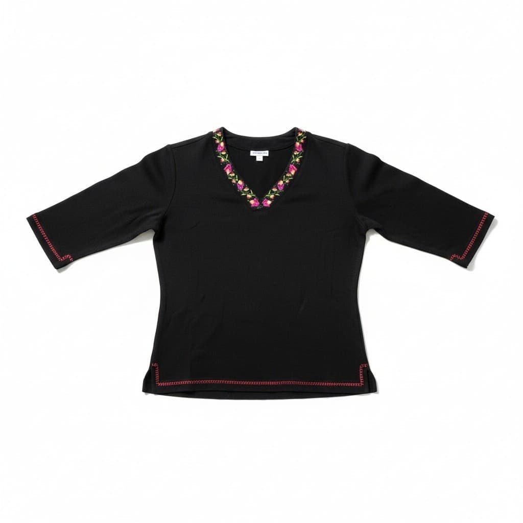 St Johns Bay Black Floral Embroidered V-Neck, Woman's Small Knit Top, 3/4 Sleeve