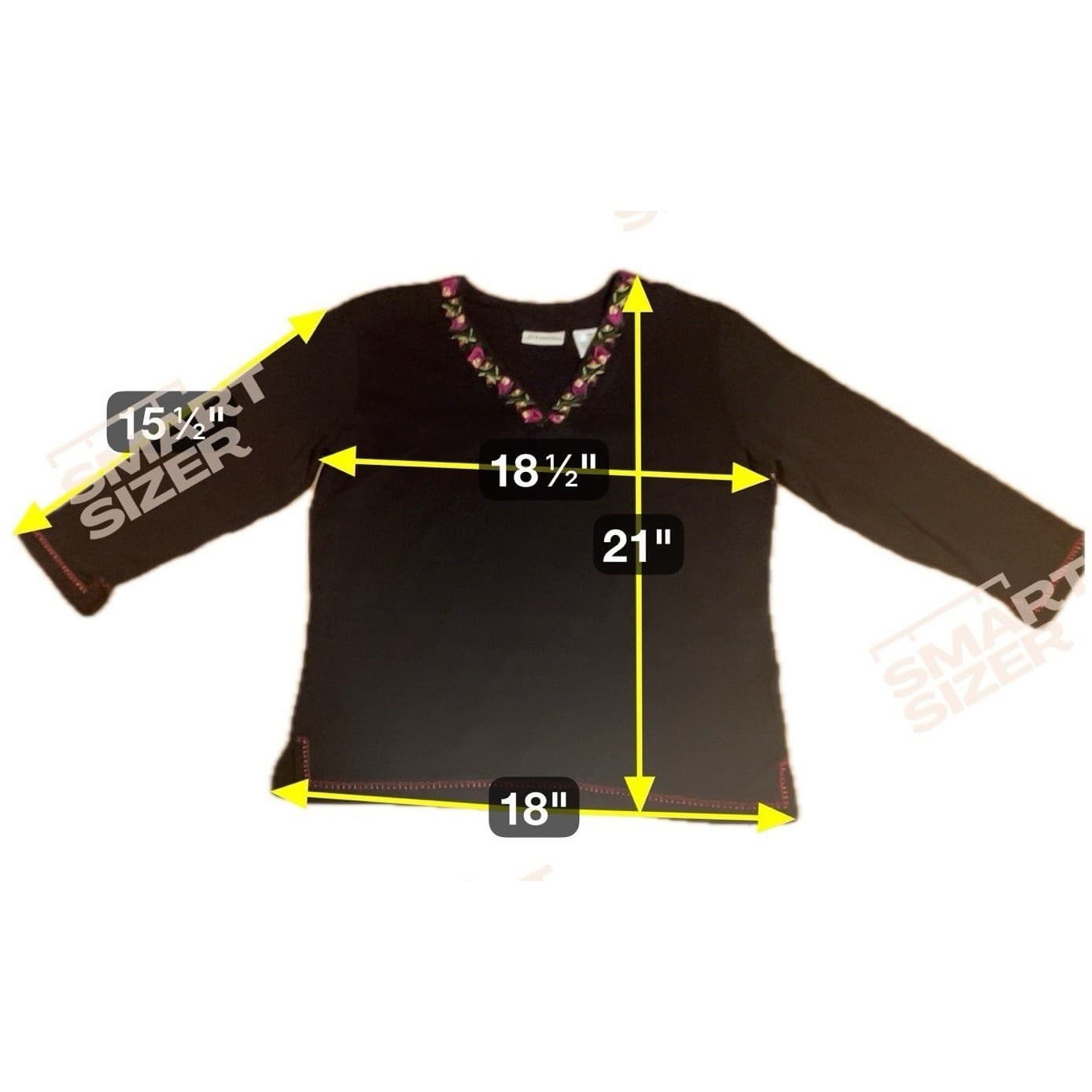 St Johns Bay Black Floral Embroidered V-Neck, Woman's Small Knit Top, 3/4 Sleeve - Thumbnail 2