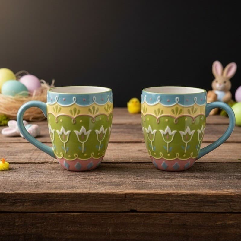 Pier 1 Imports Easter Egg Mugs, Set of 2, 3D Textured Ceramic Coffee Cups