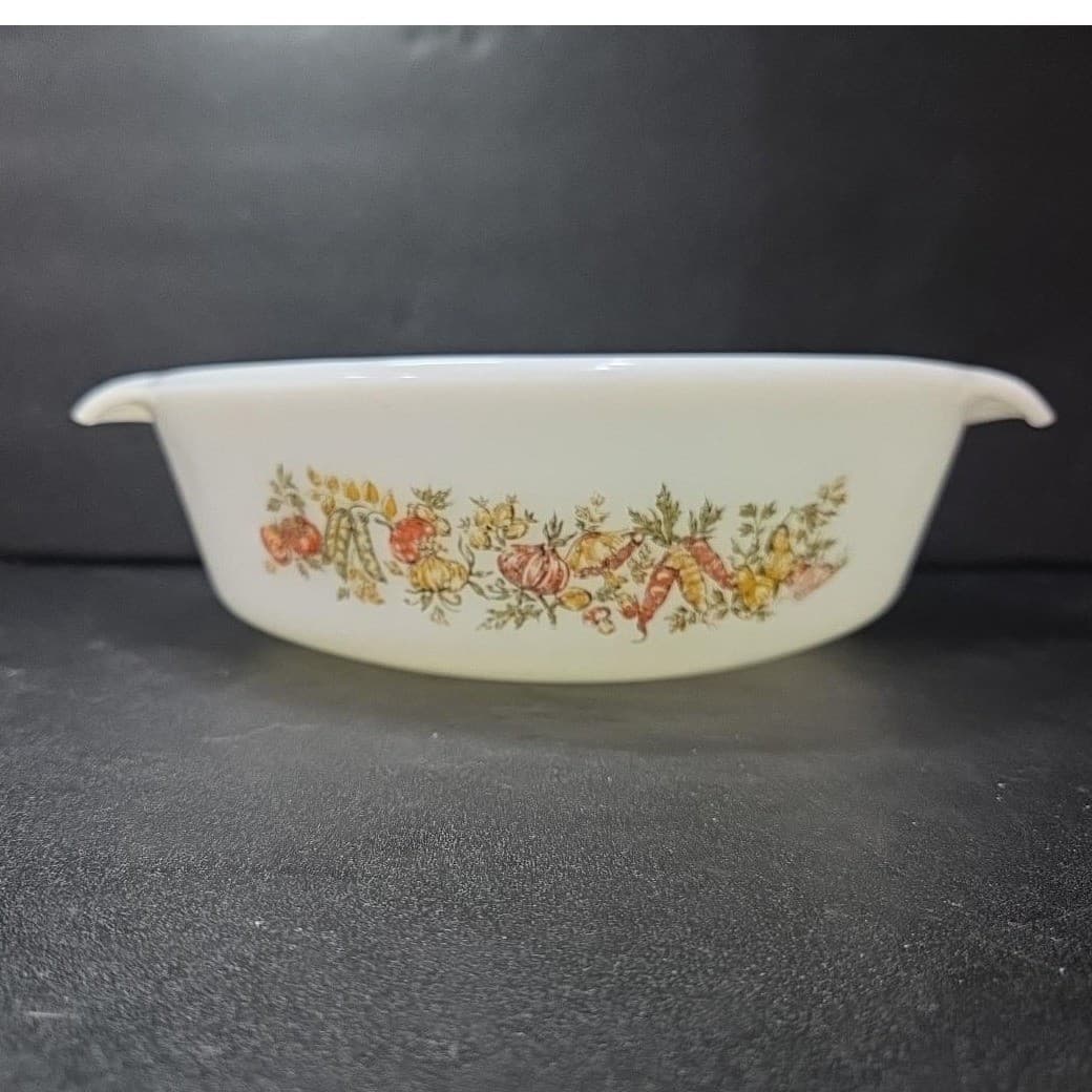 Anchor Hocking Fire King 1qt Casserole Dish #637, Fall Harvest Vegetable Design - Thumbnail 2