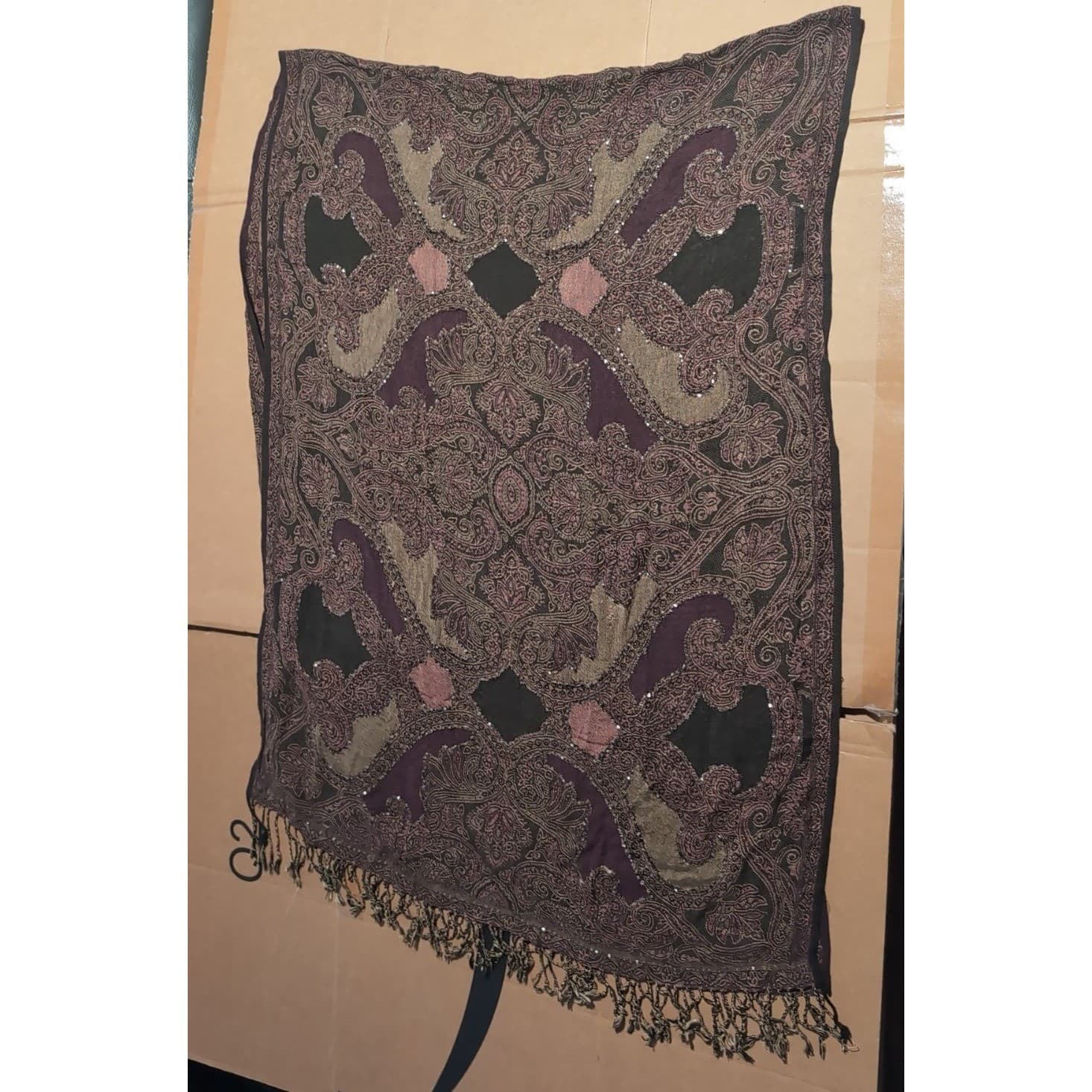 Purple Paisley Sequin Pashmina Shawl Scarf Fringe Wrap Plum Olive Black, Women's - Thumbnail 4