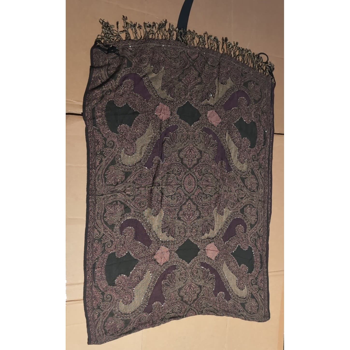 Purple Paisley Sequin Pashmina Shawl Scarf Fringe Wrap Plum Olive Black, Women's - Thumbnail 5
