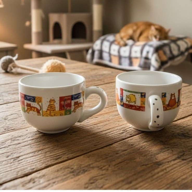 Royal Norfolk Cat & Kitten Coffee Cups, Set of 2, Paw Print Design Drinkware