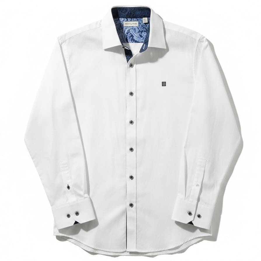 Sable & Stone White Textured Cotton Paisley Trim Button Down Shirt, Men's Large