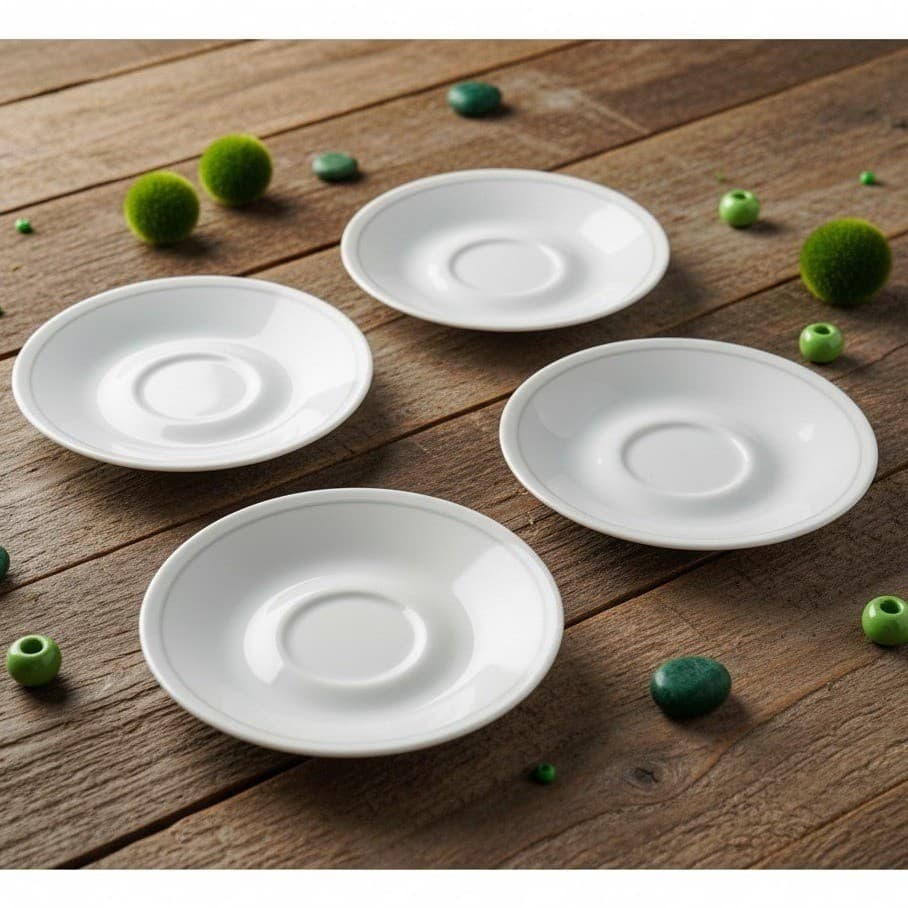 Corelle Corningware White Saucers, Set of 4, Single Green Band, Vtg Dinnerware