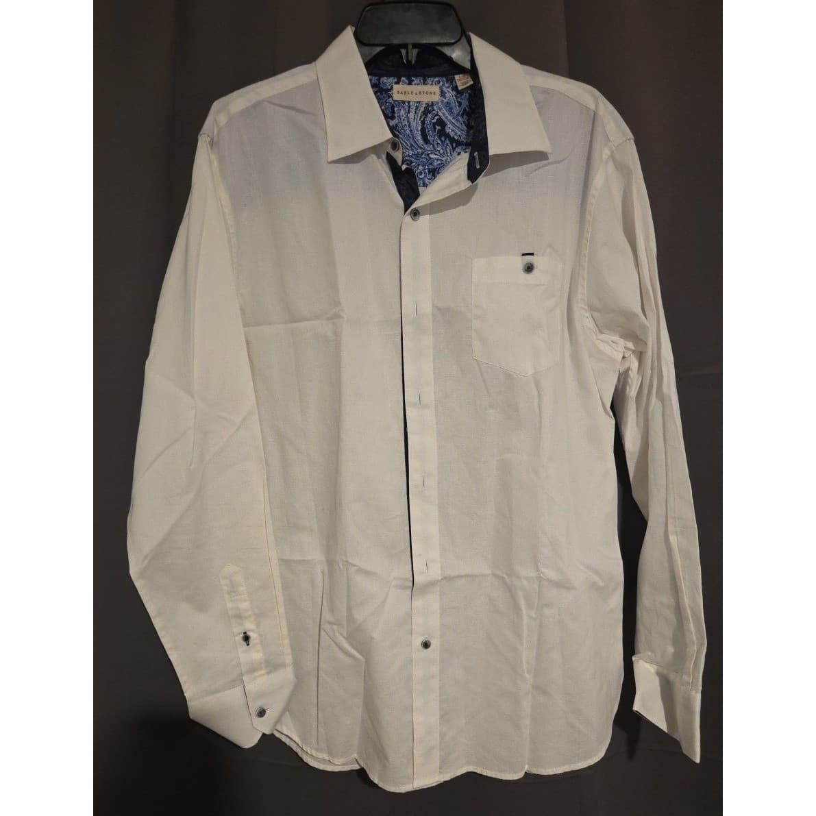 Sable & Stone White Textured Cotton Paisley Trim Button Down Shirt, Men's Large - Thumbnail 3