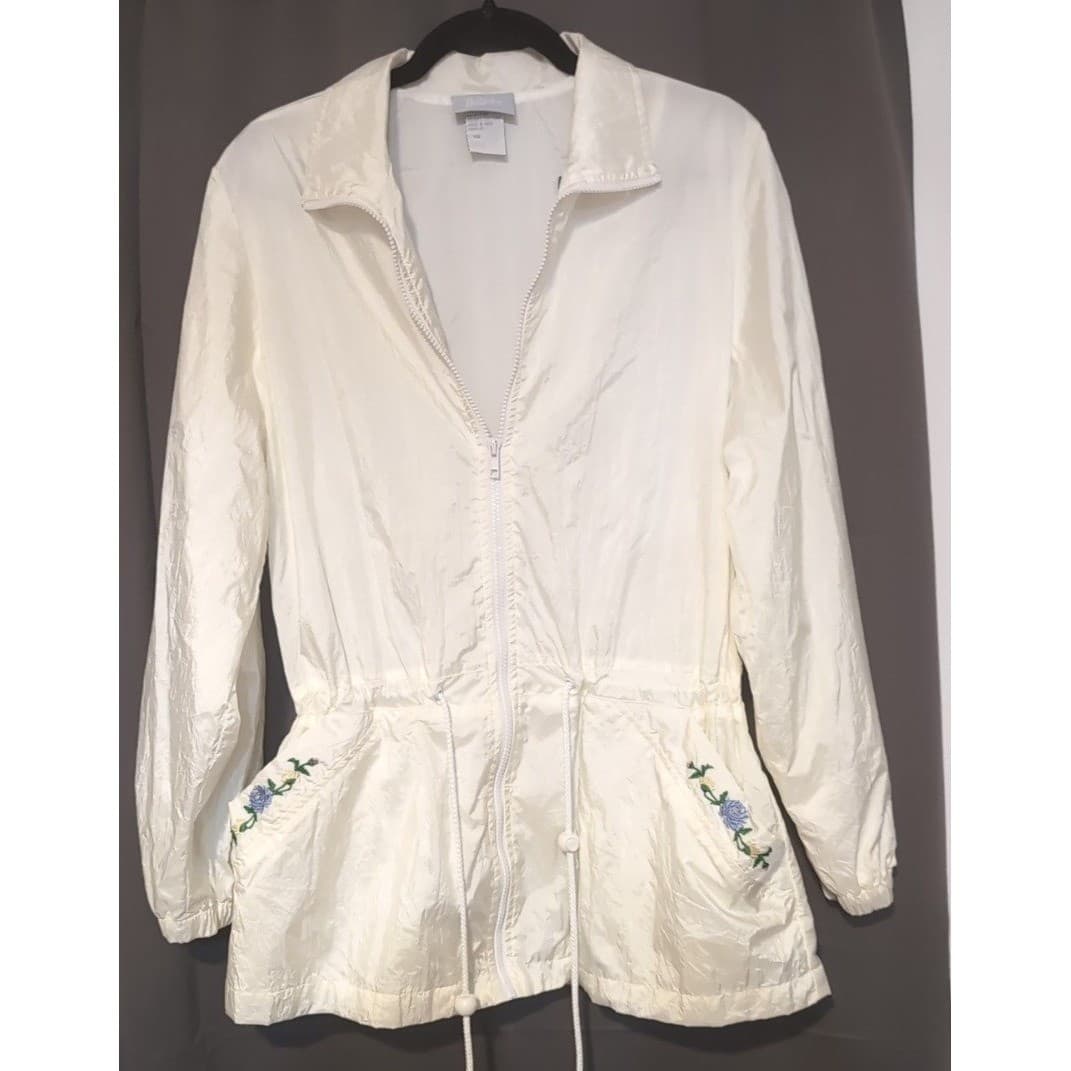Blair White Nylon Floral Embroidered Zip Windbreaker, Women's Large Jacket - Thumbnail 3