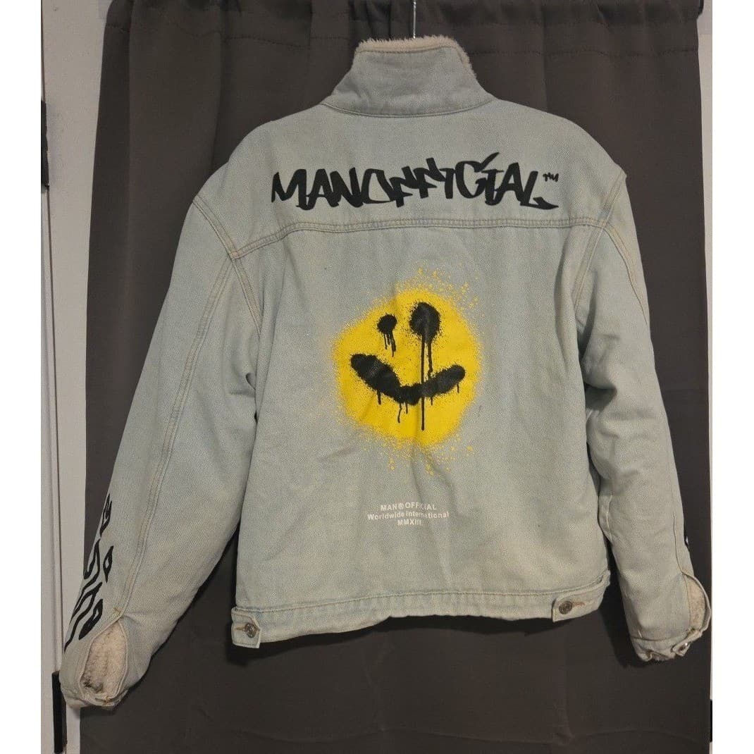 boohooMAN Light Wash Sherpa Lined Denim Jacket, Graffiti Smiley Face Men's Small - Thumbnail 4