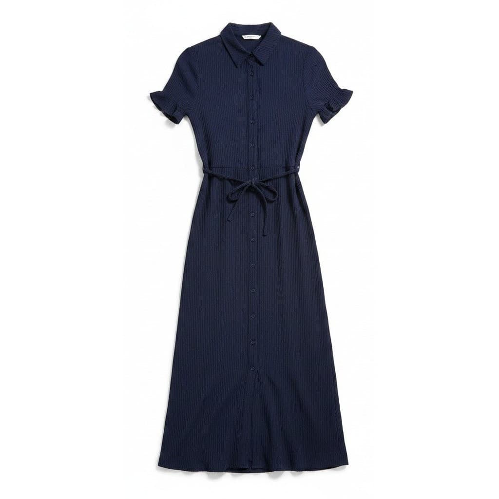 DKNY Jeans Navy Blue Crinkle Rayon Button Down Maxi Shirt Dress, Women's 10