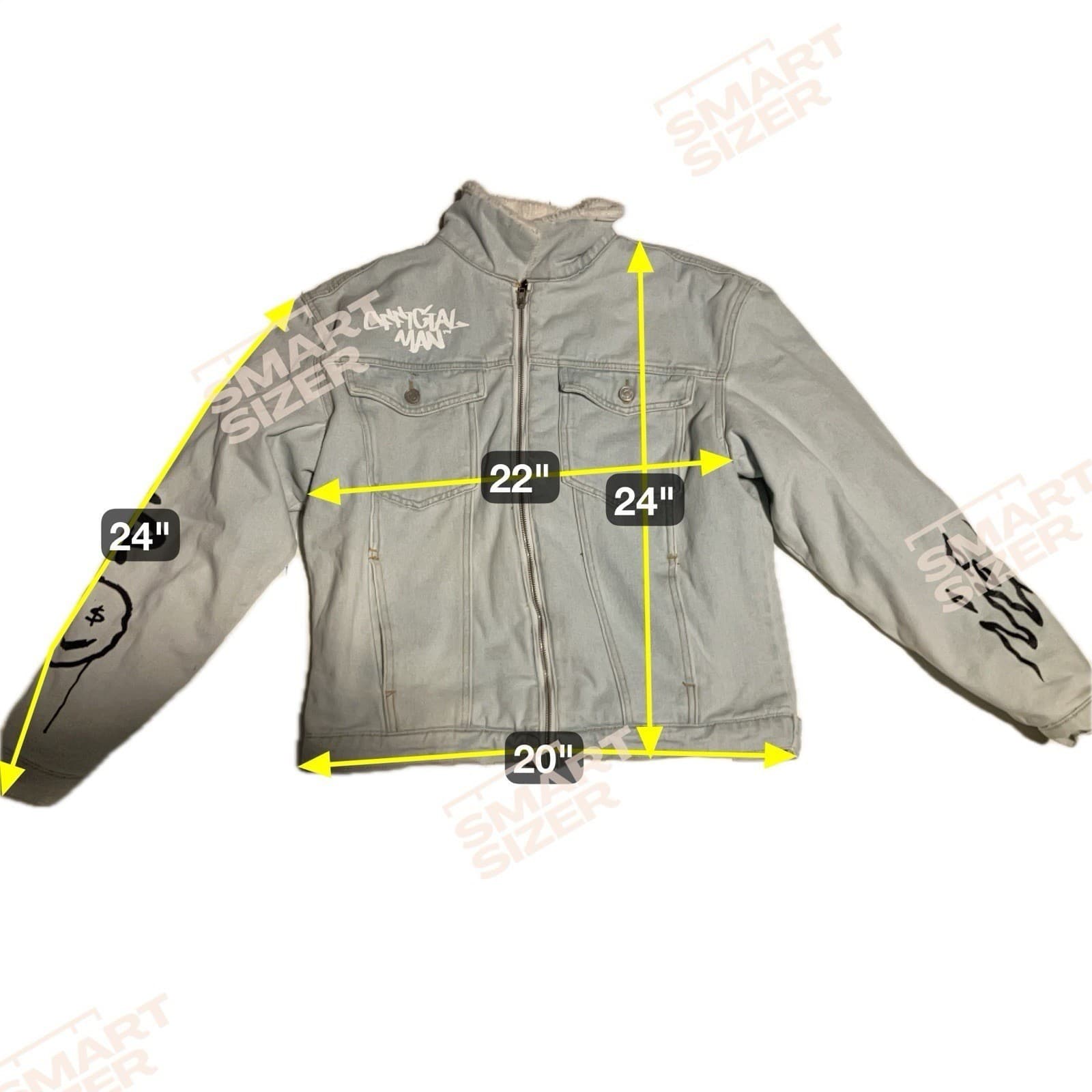 boohooMAN Light Wash Sherpa Lined Denim Jacket, Graffiti Smiley Face Men's Small - Thumbnail 2