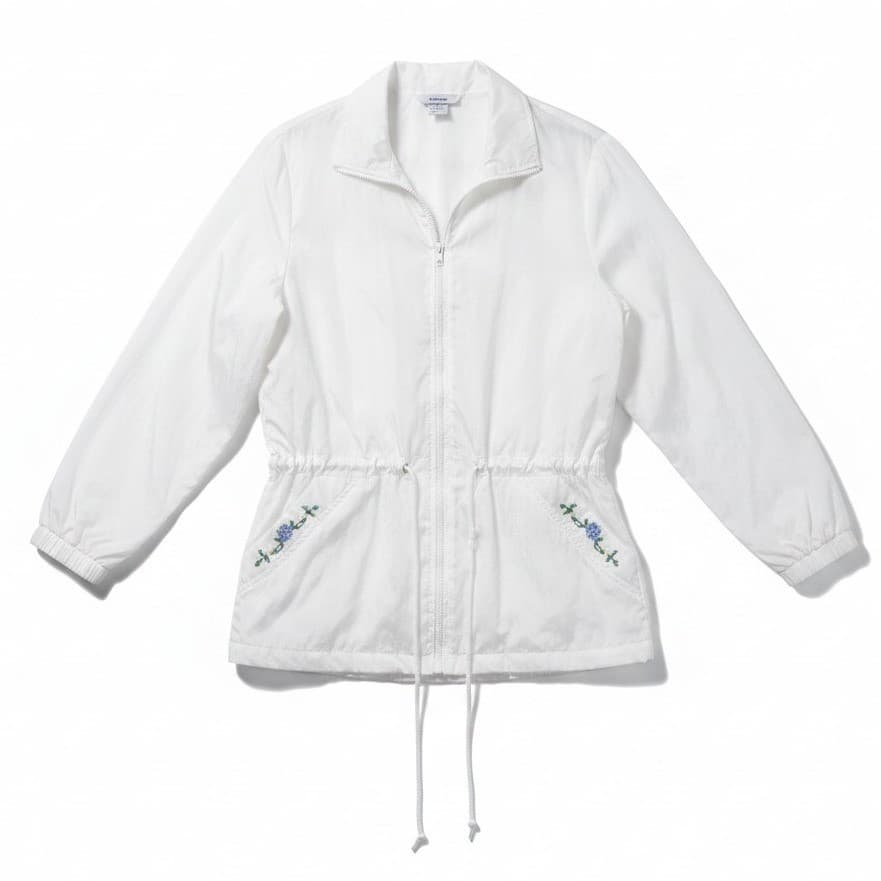 Blair White Nylon Floral Embroidered Zip Windbreaker, Women's Large Jacket