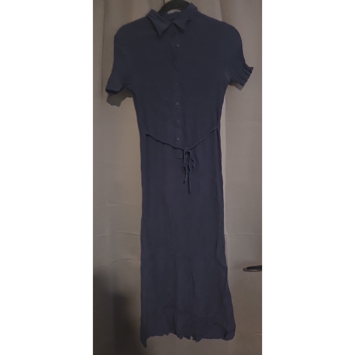 DKNY Jeans Navy Blue Crinkle Rayon Button Down Maxi Shirt Dress, Women's 10 - Thumbnail 3