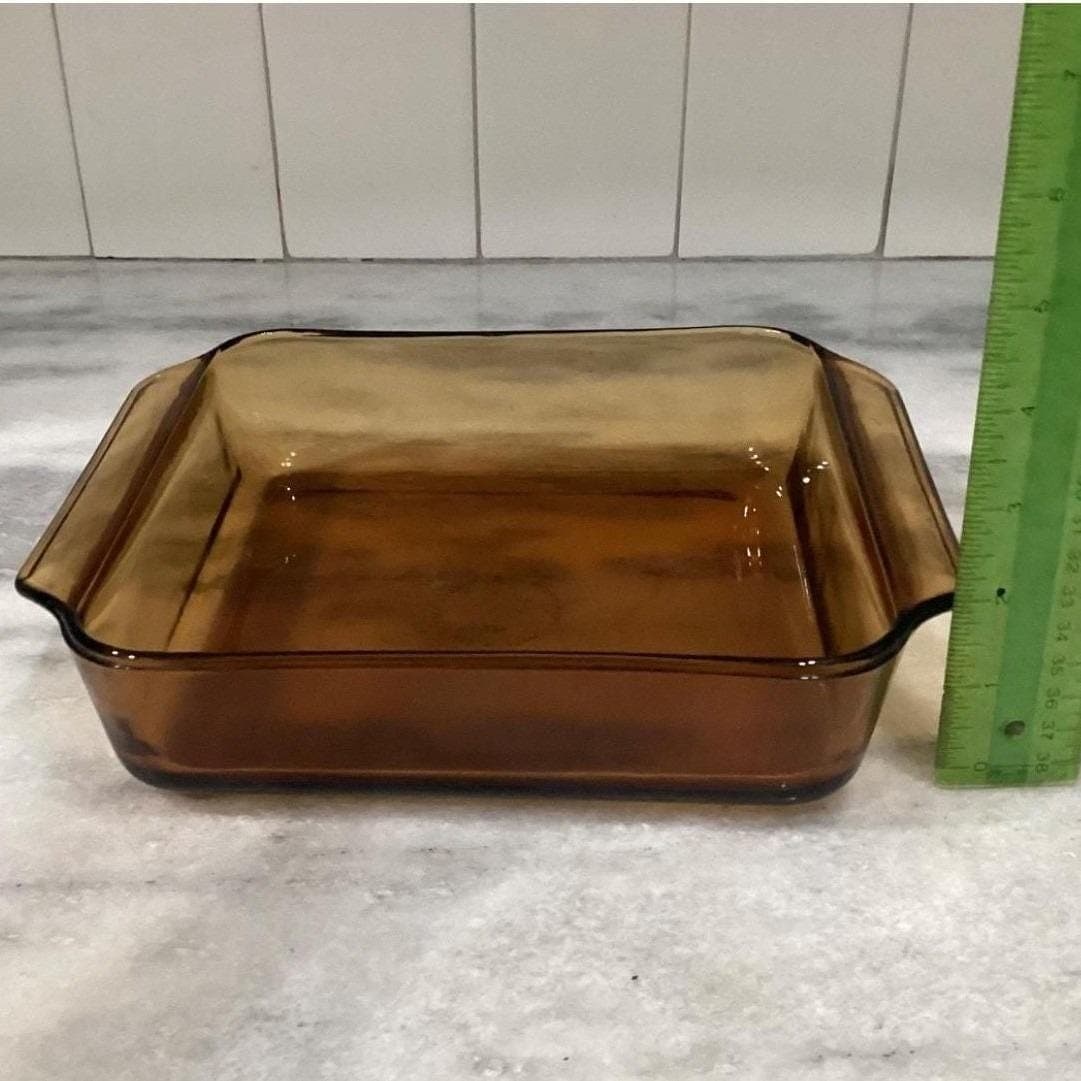 Anchor Hocking Fire-King Square Amber Baking Dish #435, Vintage Brown Bakeware - Thumbnail 3
