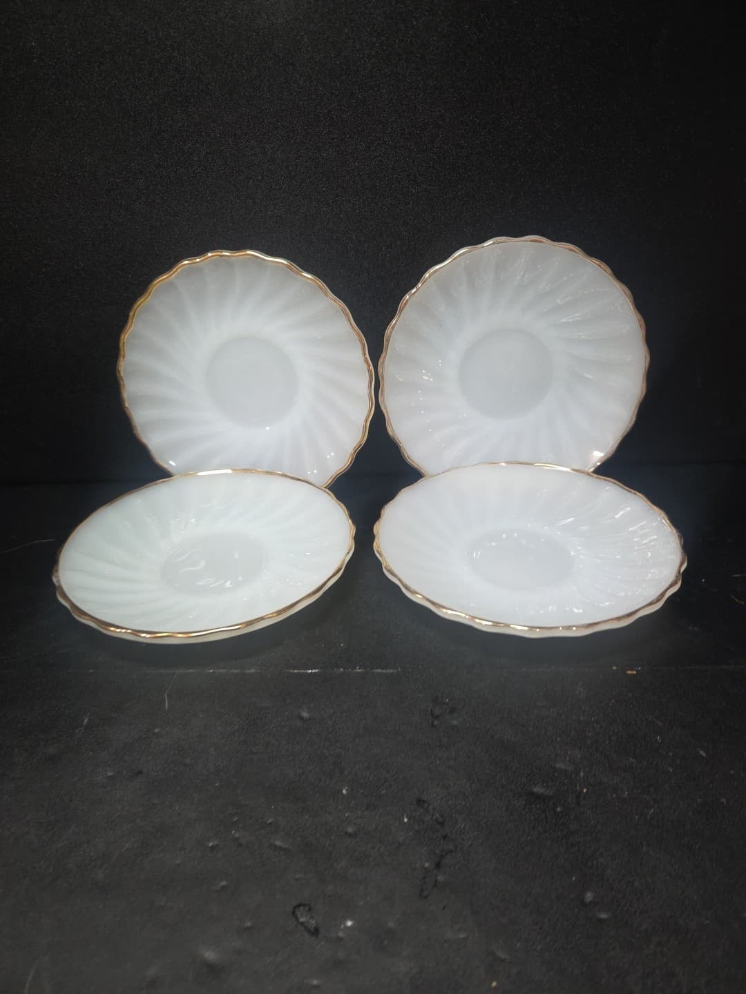 Anchor Hocking Golden Shell Saucers, Swirl Lustre Plates, Gold Trim, Set Of 4